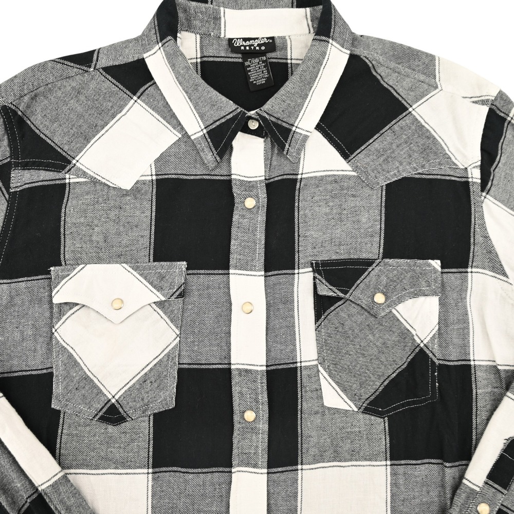 100% Cotton Wrangler Retro Men XXL Black White Buffalo Plaid Western Snap Shirt